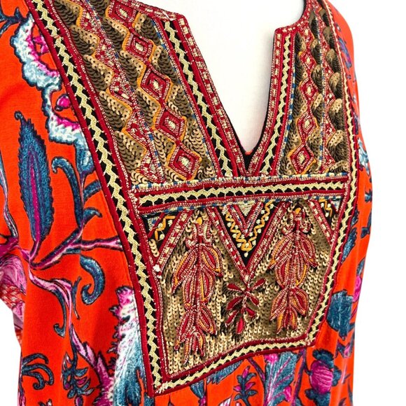 Soft Surroundings Embroidered Sequin Tunic Top Red Orange Floral Size Large - Picture 4 of 12